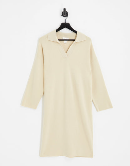 Monki knitted polo collar midi dress in cream