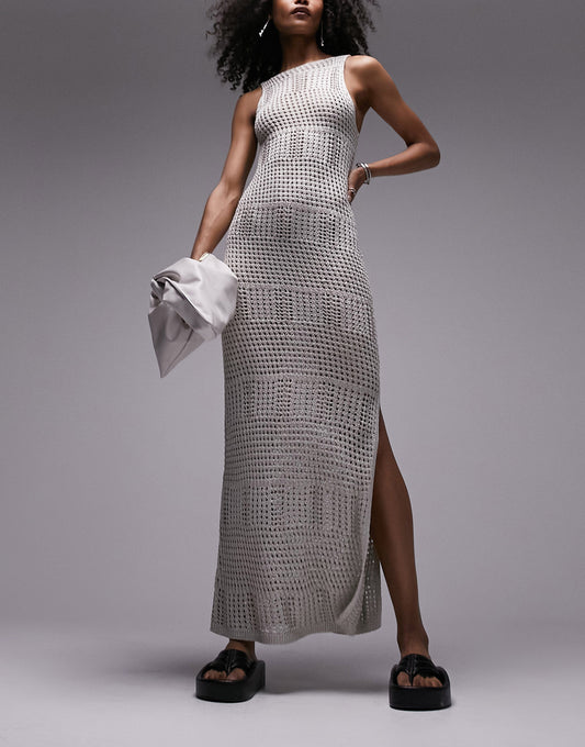 Topshop knitted square neck midi dress in silver