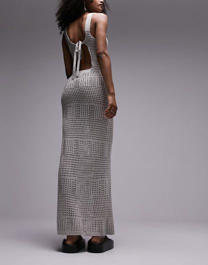 Topshop knitted square neck midi dress in silver