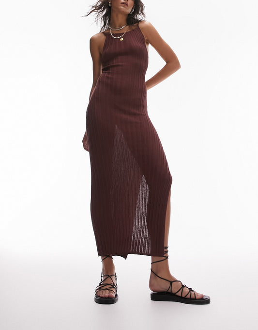 Topshop knitted open back strappy midi dress in chocolate