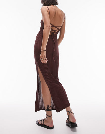 Topshop knitted open back strappy midi dress in chocolate