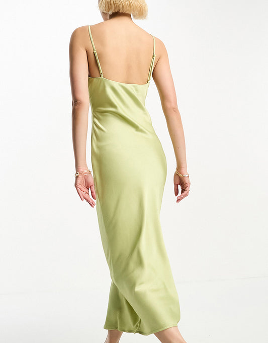 4th & Reckless satin ruched tie front  cut out cami midi dress in olive