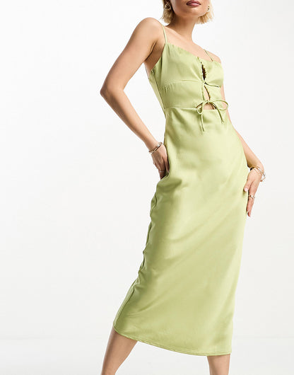 4th & Reckless satin ruched tie front  cut out cami midi dress in olive