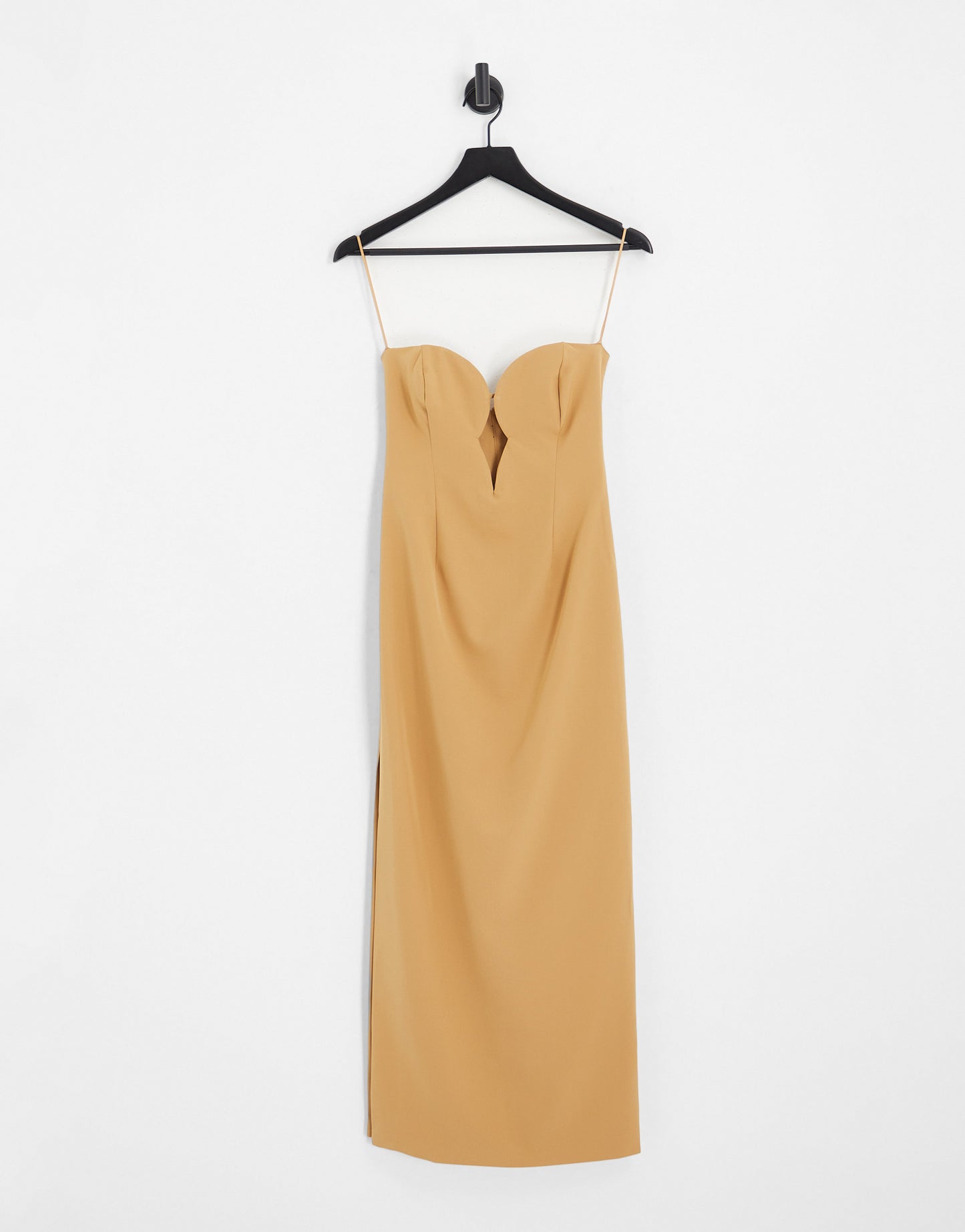 Bardot shaped plunge midaxi dress with split in mocha