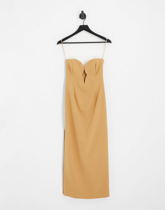 Bardot shaped plunge midaxi dress with split in mocha