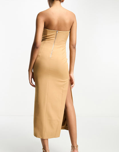 Bardot shaped plunge midaxi dress with split in mocha