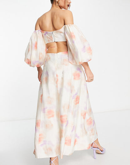 Bardot balloon sleeve cut-out maxi dress in painterly floral