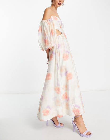 Bardot balloon sleeve cut-out maxi dress in painterly floral