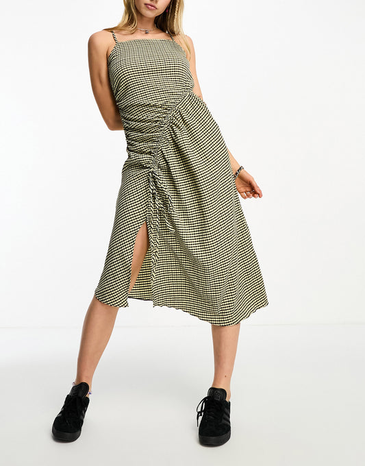 COLLUSION festival check ruched midi dress in multi