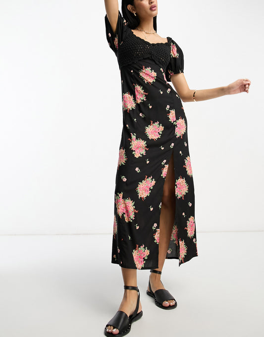 ASOS DESIGN crochet bardot midi dress in dark based floral print