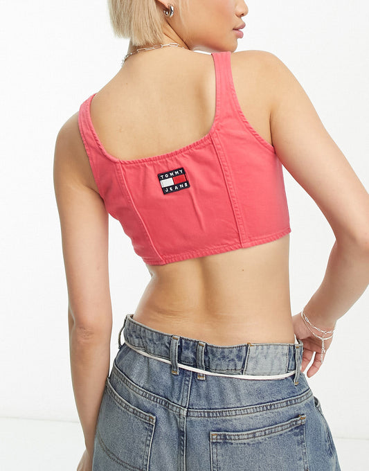 Tommy Jeans co-ord cropped flag logo denim top in pink