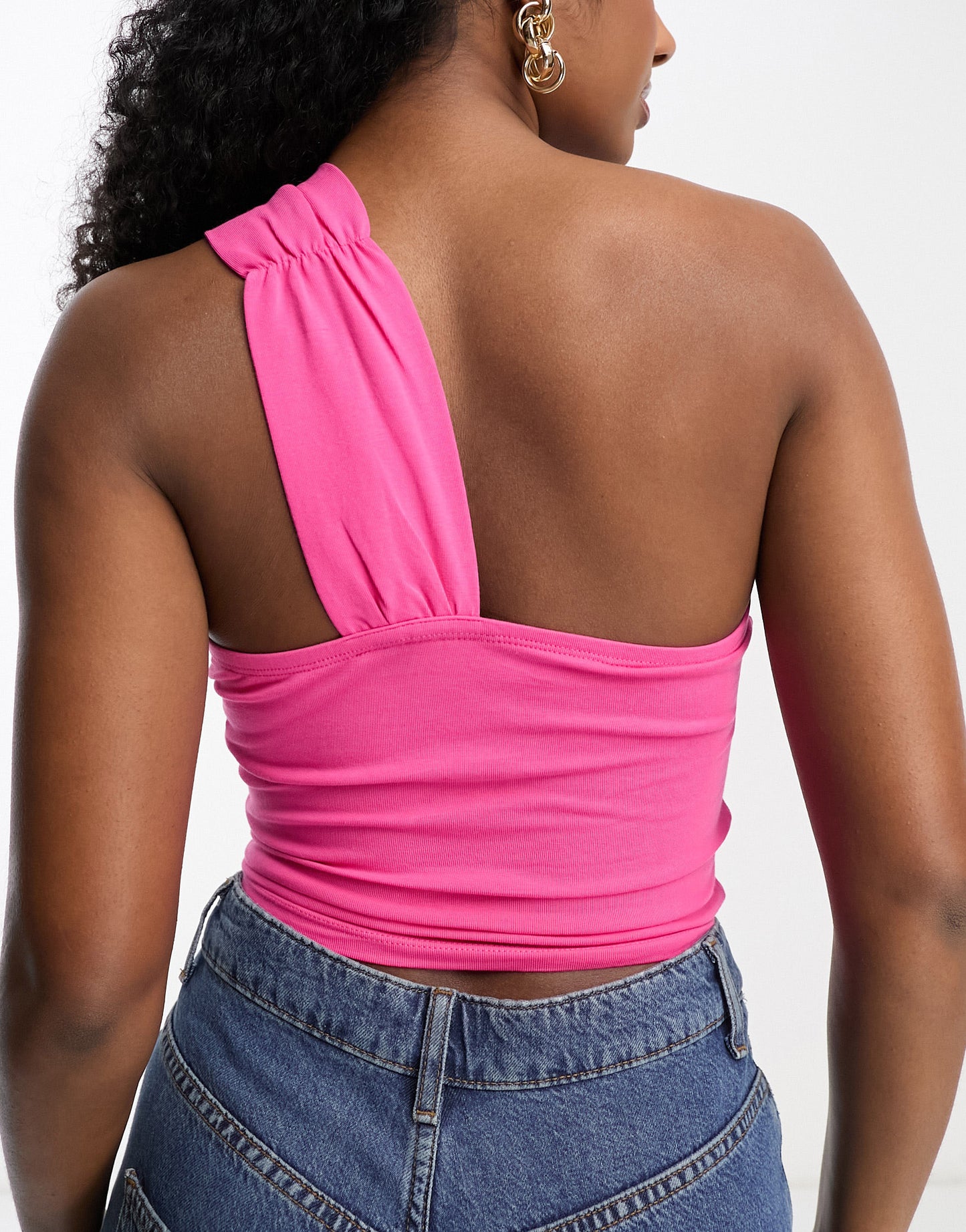 ASOS DESIGN Hourglass one shoulder sun top with front knot detail in bright pink