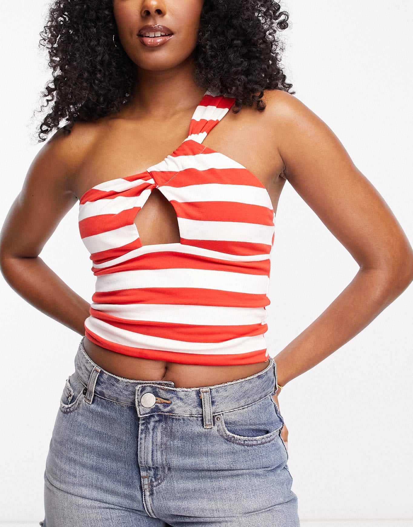 ASOS DESIGN one shoulder sun top with front knot detail in red and white stripe