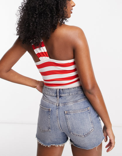 ASOS DESIGN one shoulder sun top with front knot detail in red and white stripe