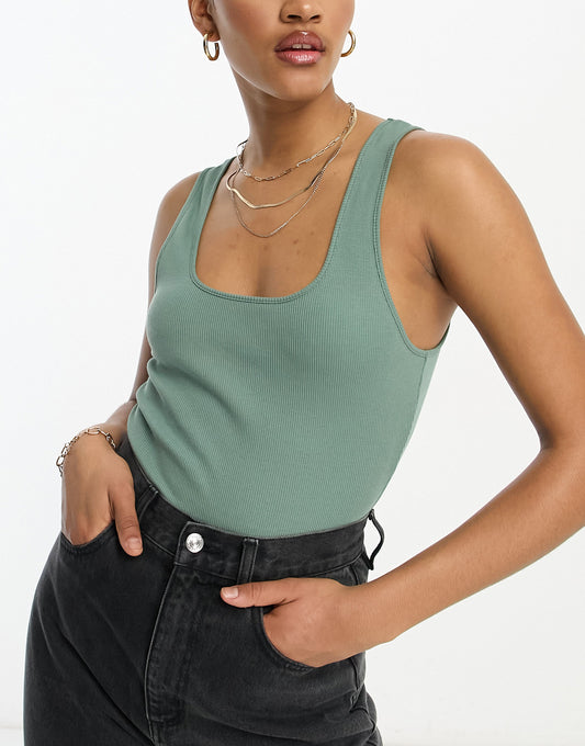 ASOS DESIGN Tall scoop neck ribbed bodysuit in khaki