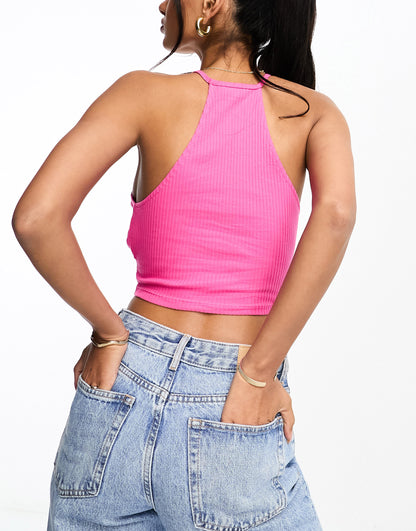 ASOS DESIGN halter crossover top in rib in pink