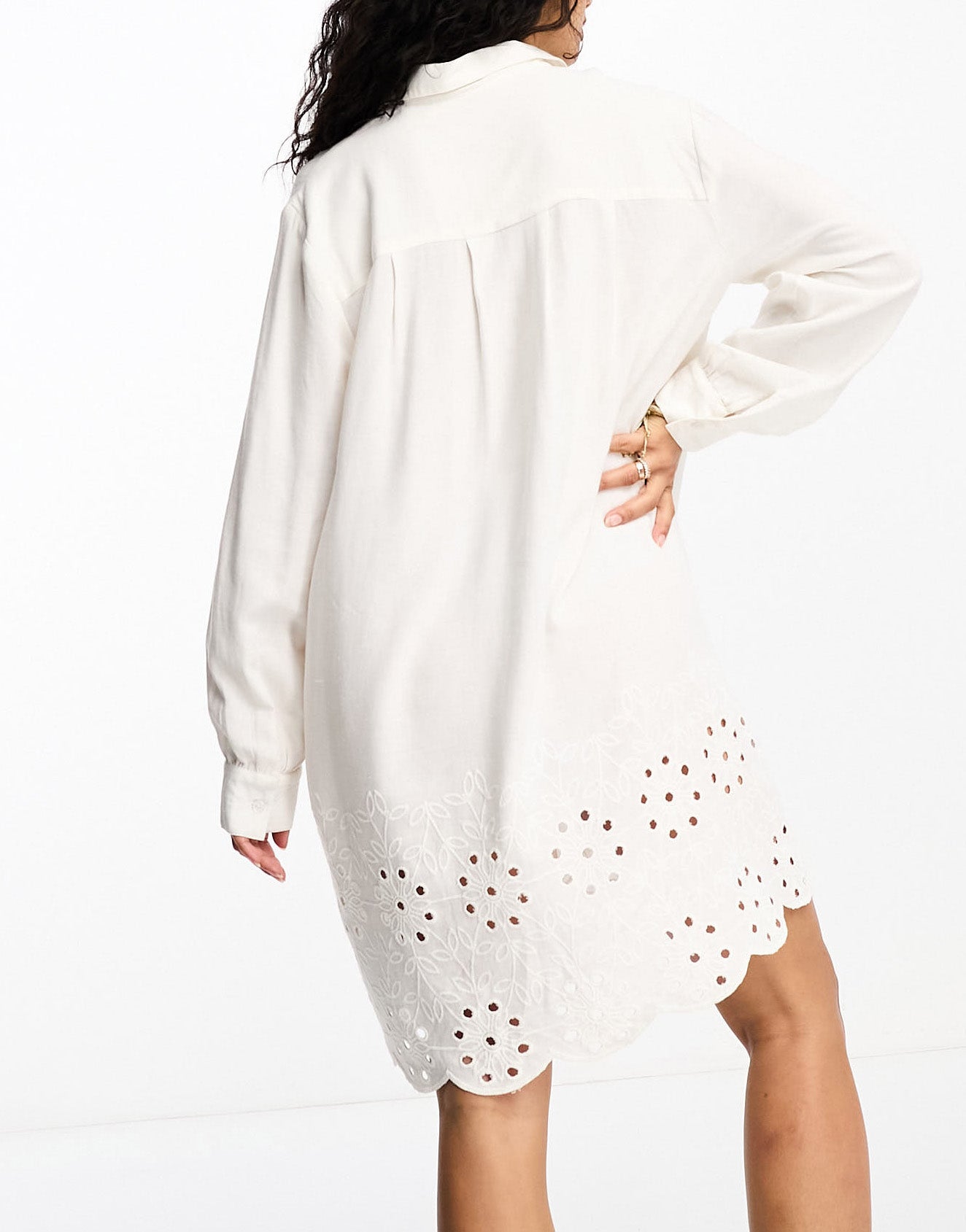 Accessorize long sleeve shirt summer dress with broidery hem in white