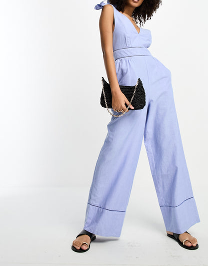 Accessorize v front summer jumpsuit in cornflower blue