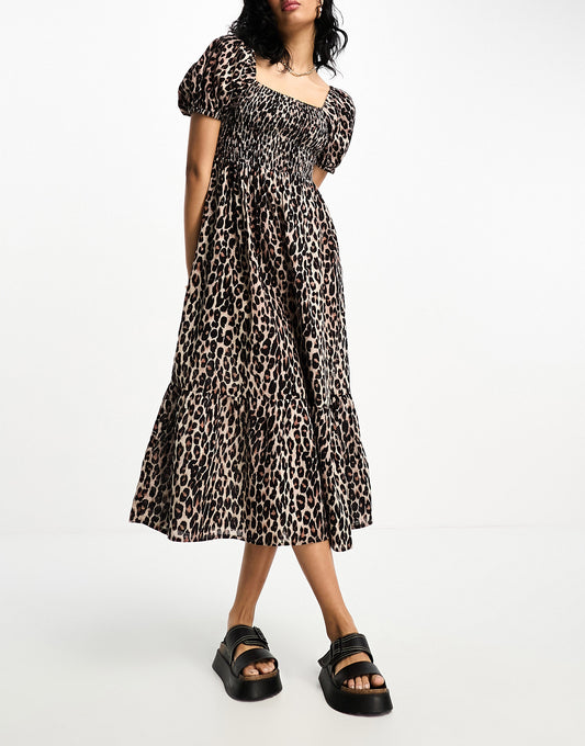 Accessorize puff sleeve shirred bodice maxi summer dress in leopard print