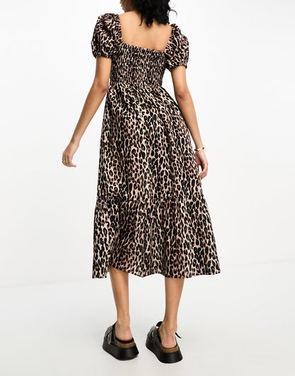 Accessorize puff sleeve shirred bodice maxi summer dress in leopard print