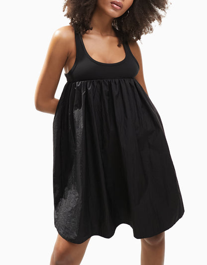 ASOS DESIGN racer 2 in 1 mini smock dress with puff skirt in black