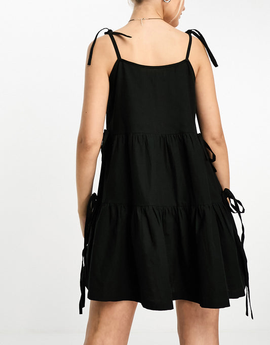 Native Youth tie-detail mini linen smock dress in black