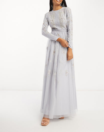 ASOS DESIGN Bridesmaid pearl embellished long sleeve maxi dress with floral embroidery in light blue