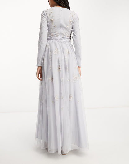 ASOS DESIGN Bridesmaid pearl embellished long sleeve maxi dress with floral embroidery in light blue