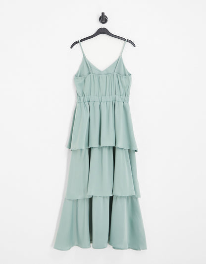 Y.A.S Bridesmaid tiered strappy midi dress in sage