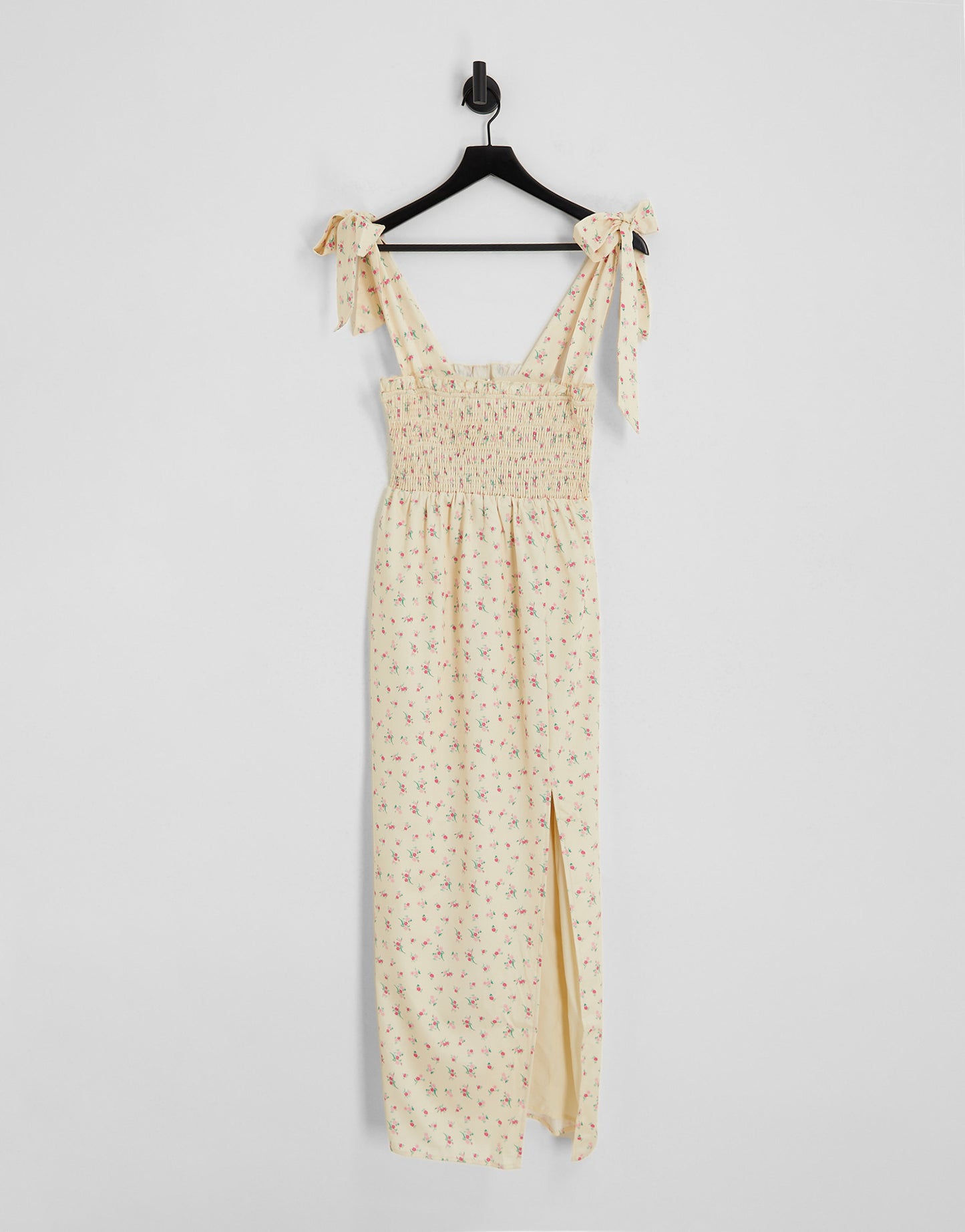 The Frolic shirred bodice midi dress with tie straps in vintage floral