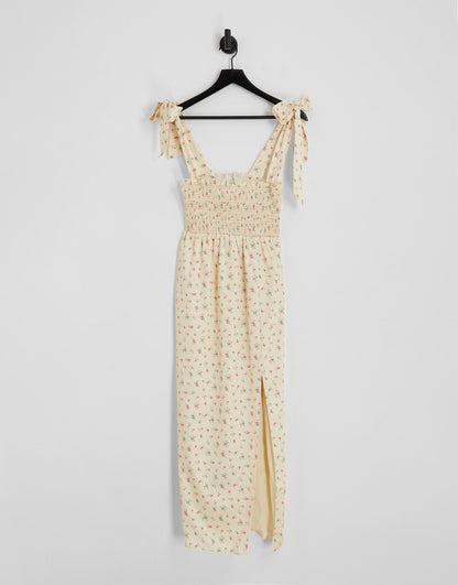 The Frolic shirred bodice midi dress with tie straps in vintage floral