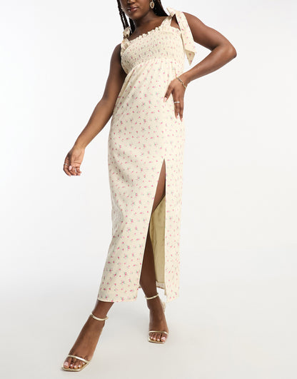 The Frolic shirred bodice midi dress with tie straps in vintage floral