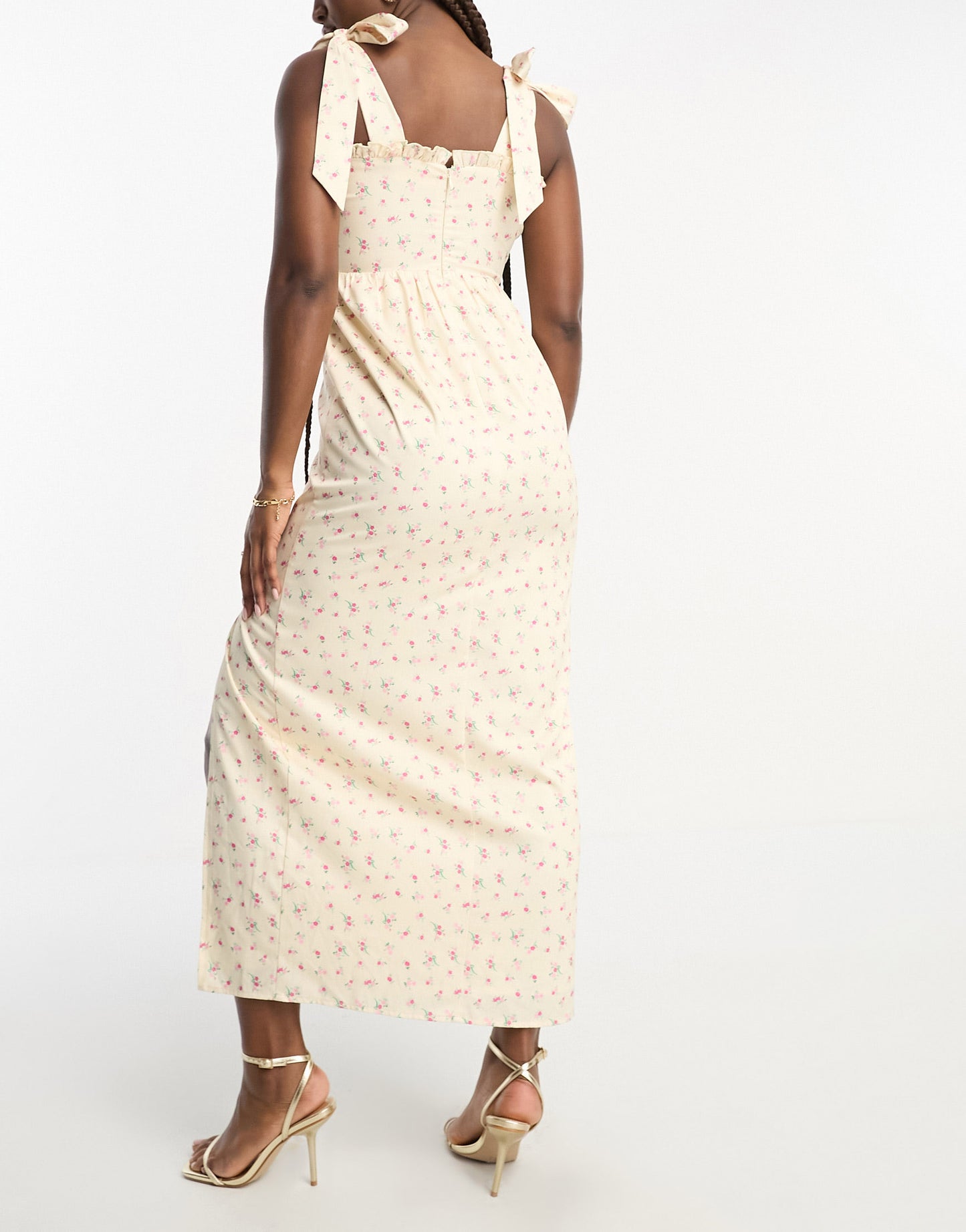 The Frolic shirred bodice midi dress with tie straps in vintage floral