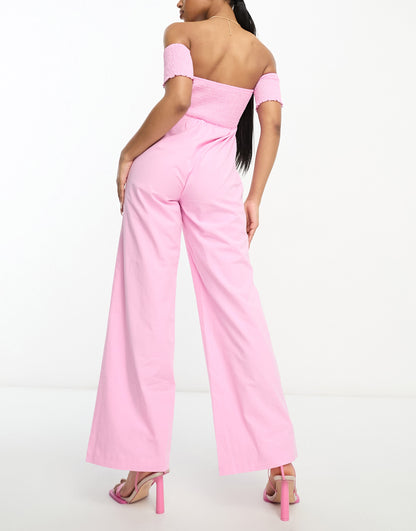 The Frolic shirred off shoulder wide leg jumpsuit in pink