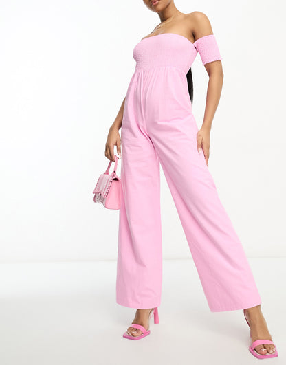 The Frolic shirred off shoulder wide leg jumpsuit in pink