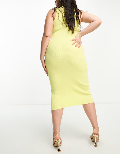 The Frolic Plus midi dress with twist high neck and side slit in yellow