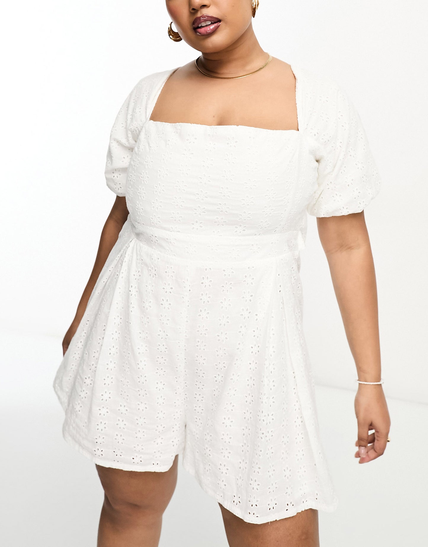 The Frolic Plus square neck puff sleeve playsuit in white broderie