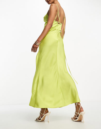 ASOS DESIGN satin corset detail plunge midi dress in lime green