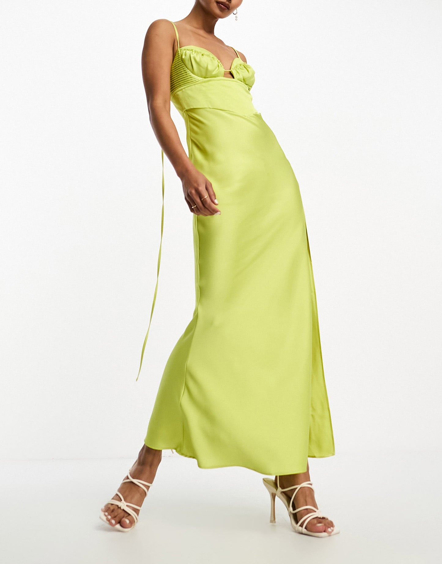 ASOS DESIGN satin corset detail plunge midi dress in lime green