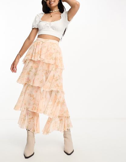 Miss Selfridge chiffon tiered wide leg trousers in floral