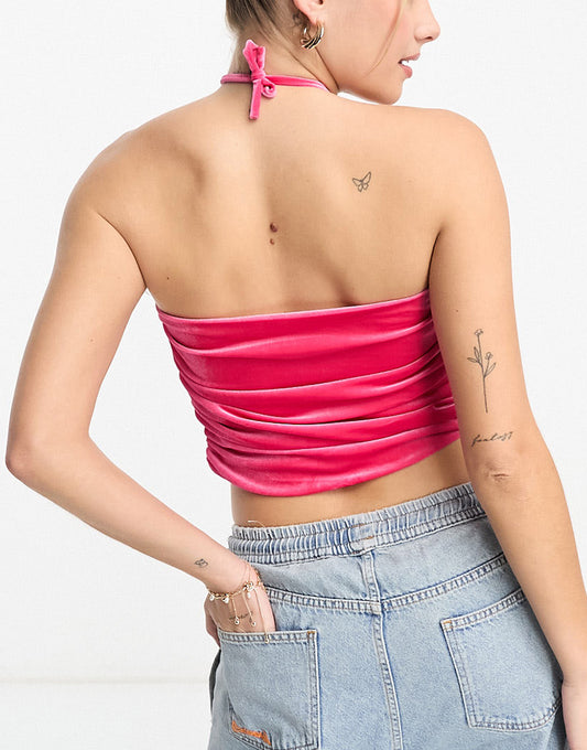 Urban Revivo co-ord ruched halter neck crop top in pink