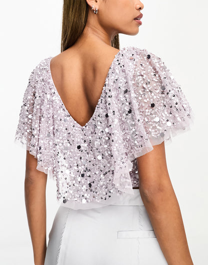 Beauut Bridesmaid embellished top with flutter back in lilac