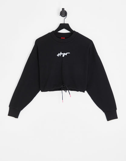 HUGO Delive cropped sweatshirt in black with drawstring detail