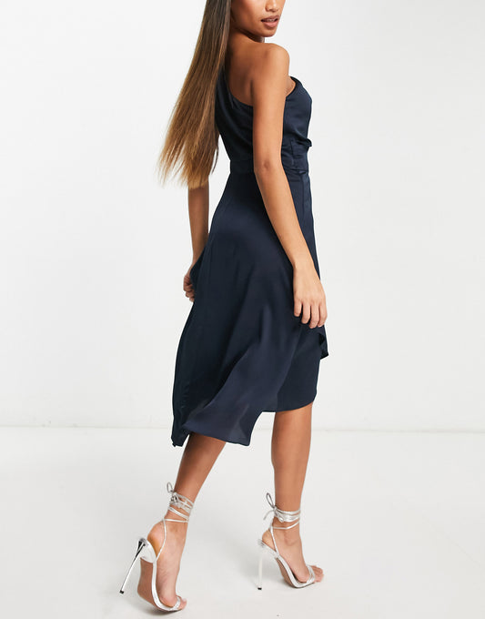 TFNC Bridesmaid one shoulder midi dress in navy