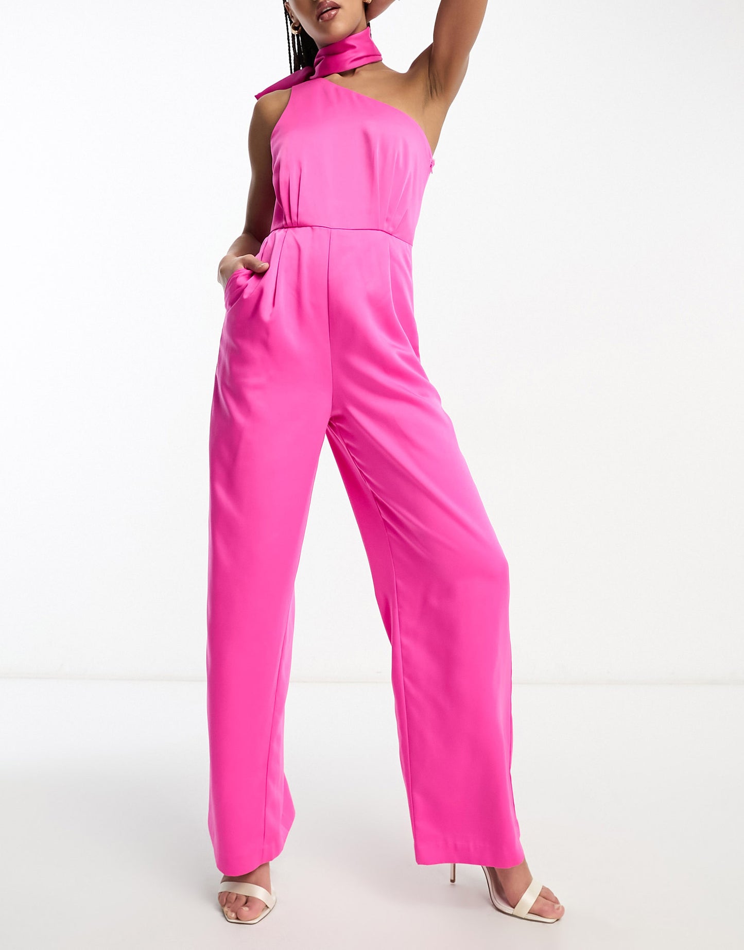 Forever New tie neck jumpsuit in pink satin