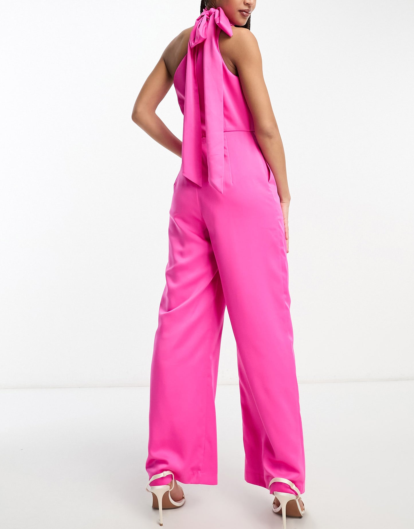 Forever New tie neck jumpsuit in pink satin