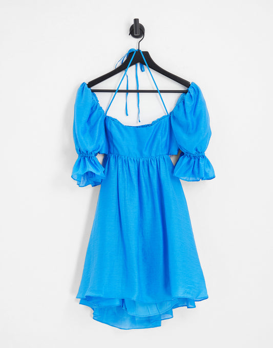 Forever New puff sleeve mini dress in bright blue