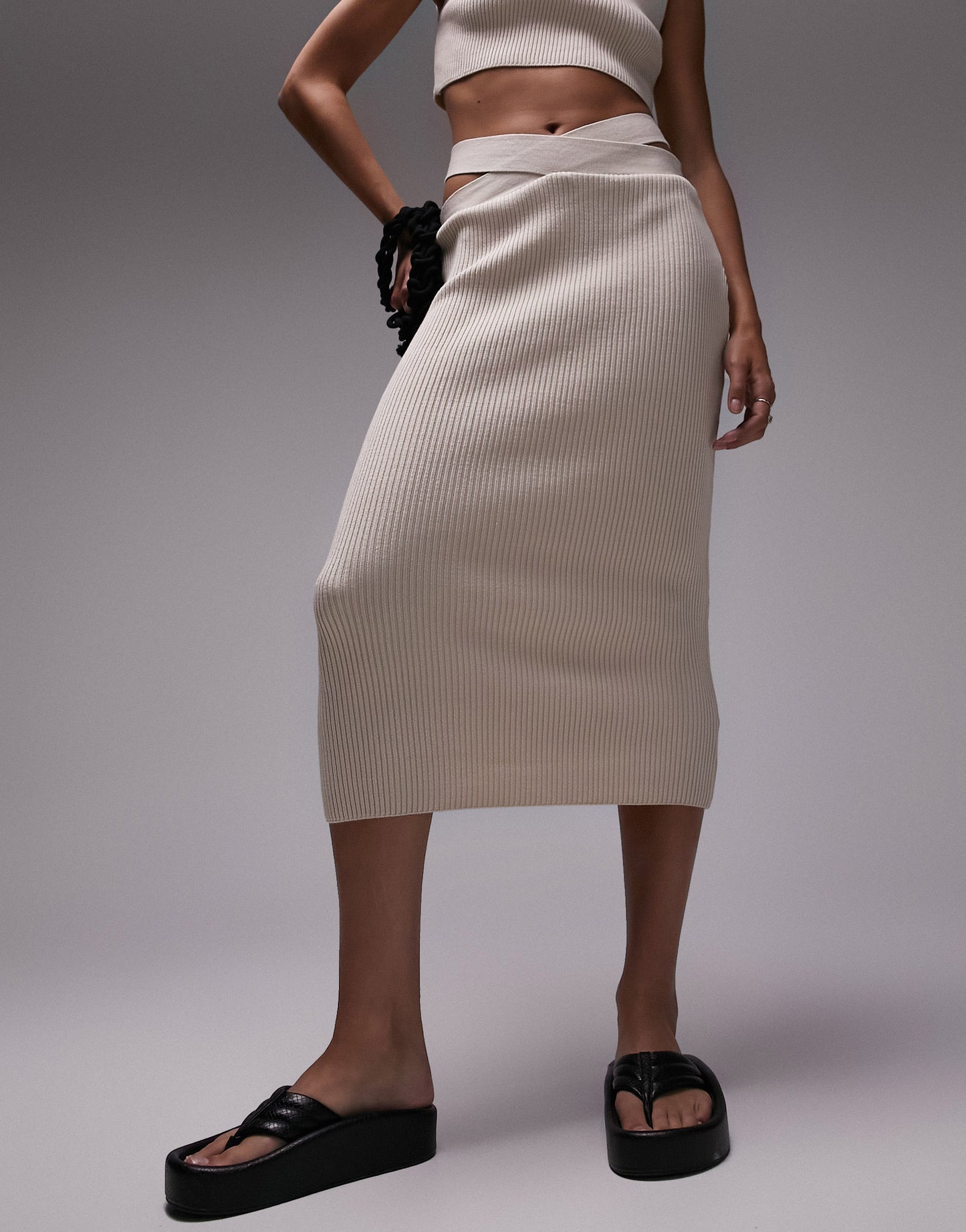 Topshop knitted co ord skirt in stone