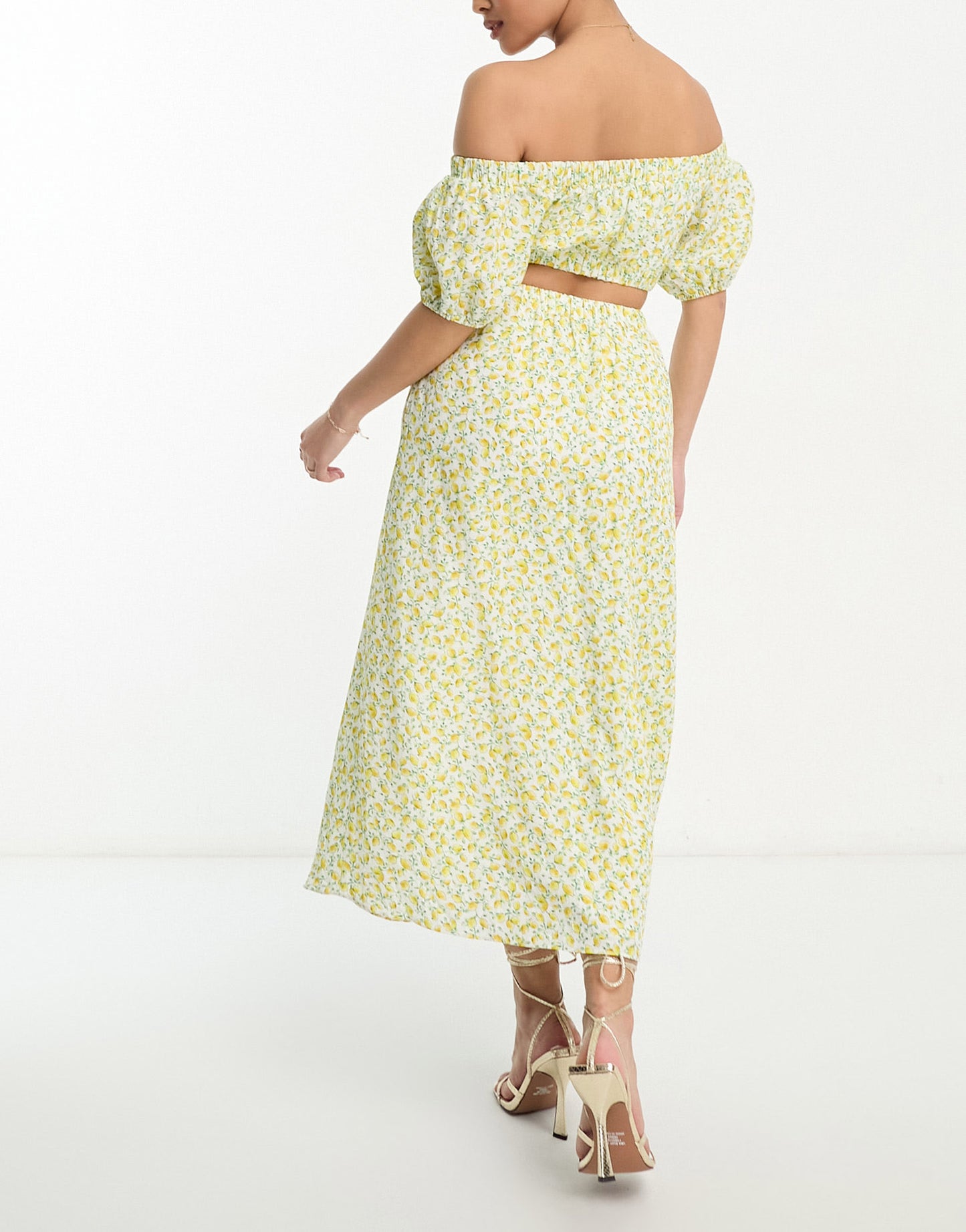 Forever New Petite off shoulder maxi dress in lemon floral