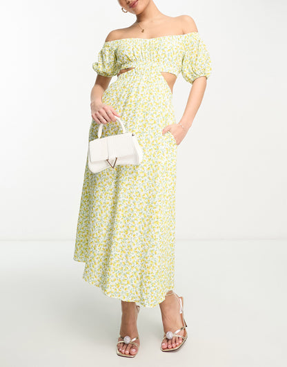 Forever New Petite off shoulder maxi dress in lemon floral